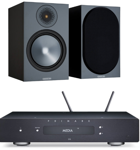 primare i15 prisma and monitor audio bronze 100 bookshelf speakers
